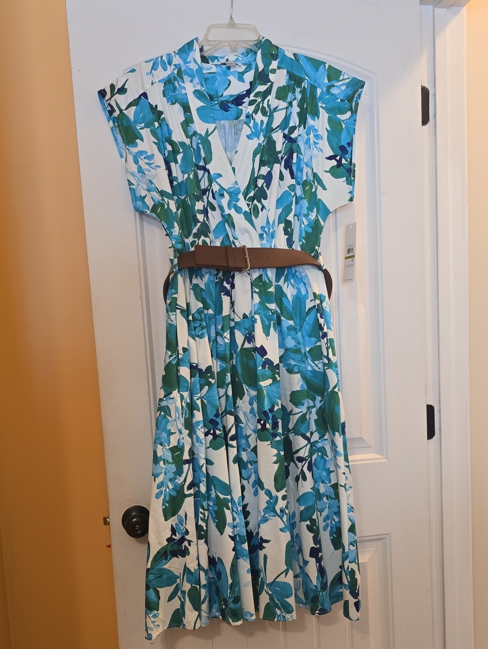 Calvin Klein Blue and Green Floral Midi Dress with Tan Belt
